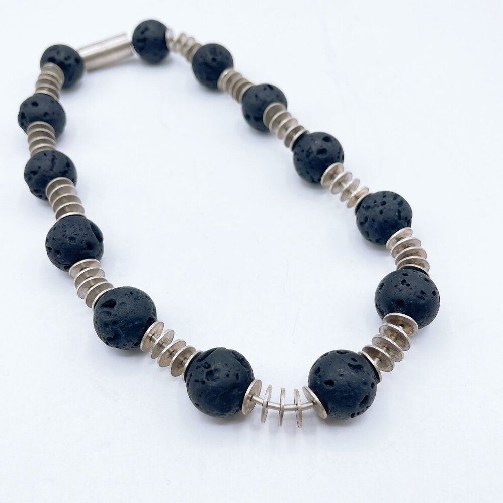925 Silver Lava Rock Beaded Necklace Screw On Clasp